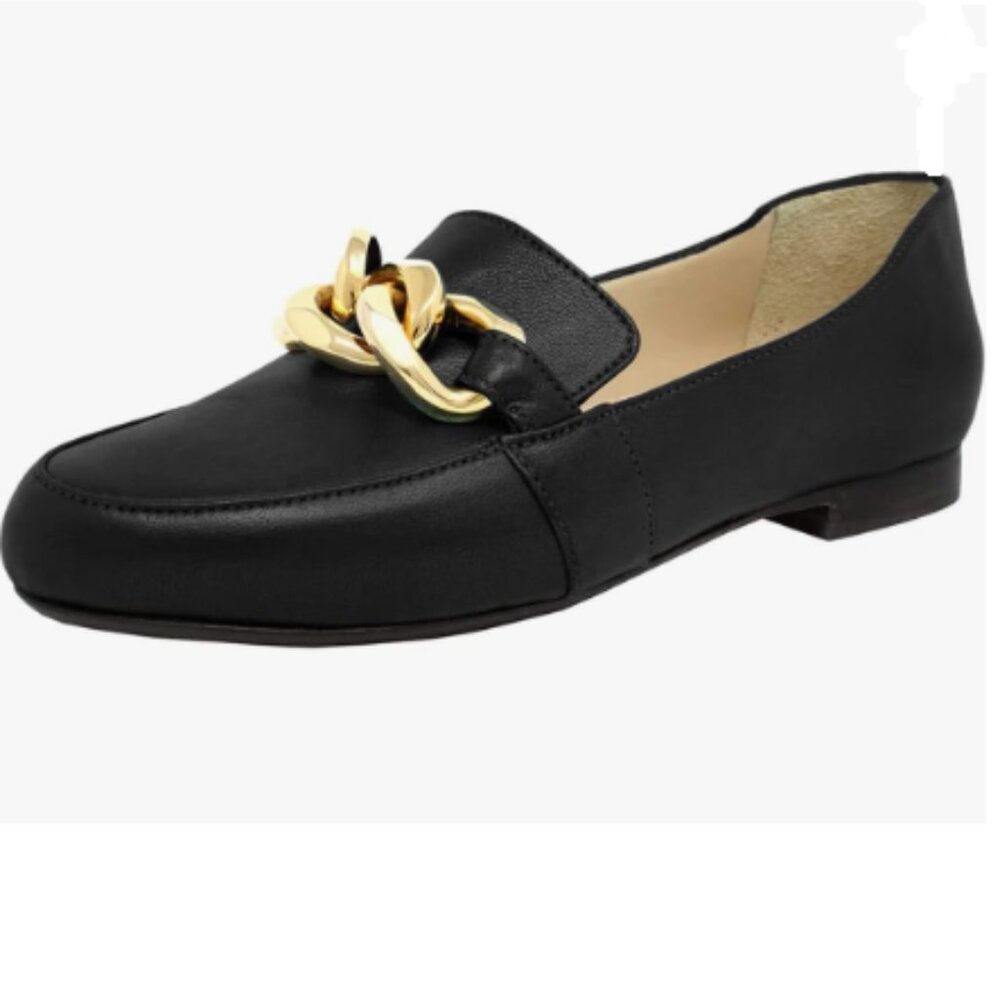 YDN Black Gold Chain Closed Toe Loafers Slip on Comfy Low Heel Dress Office Shoe